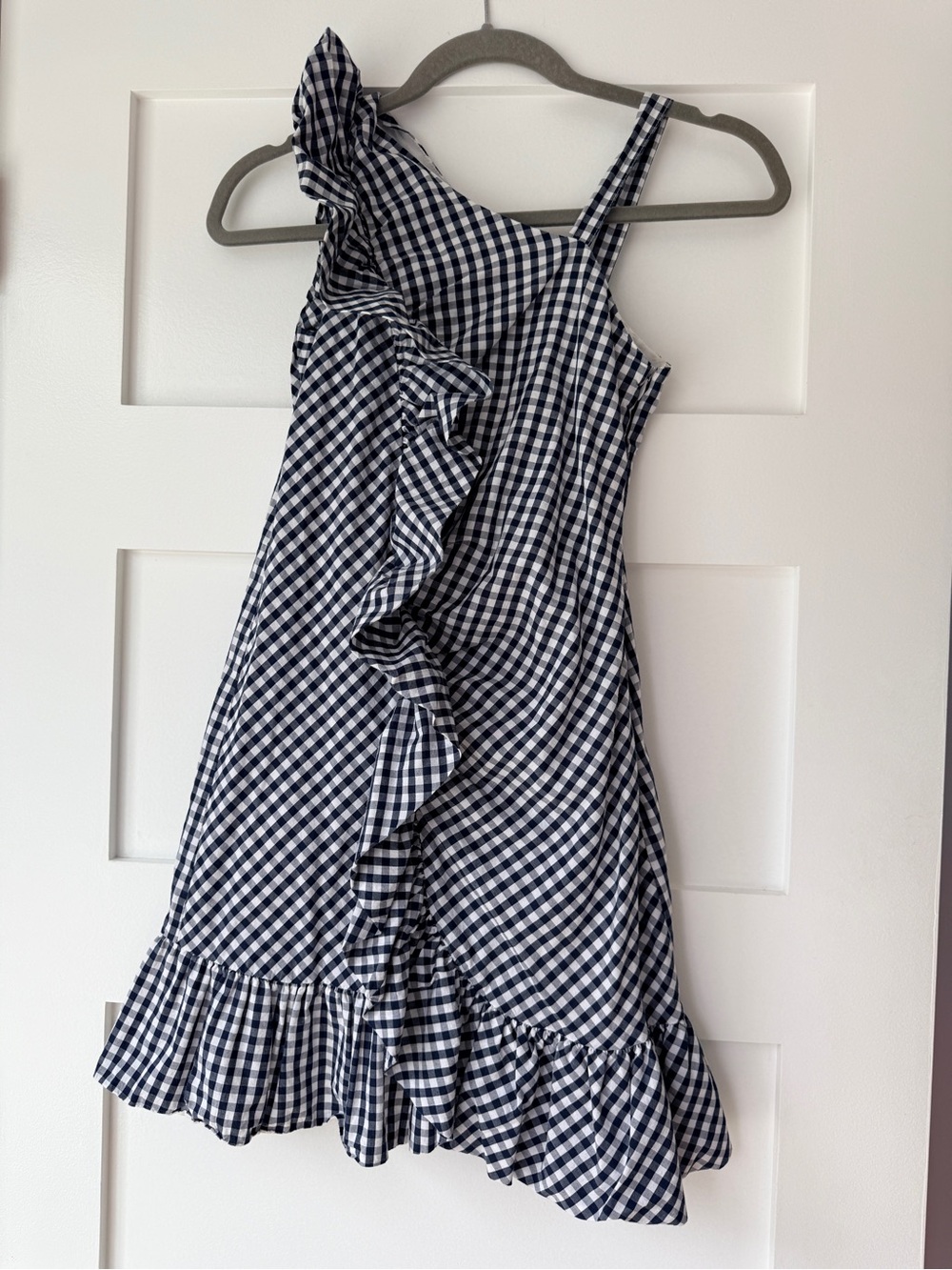 Gingham Ruffle One-Shoulder Sundress in Navy and White